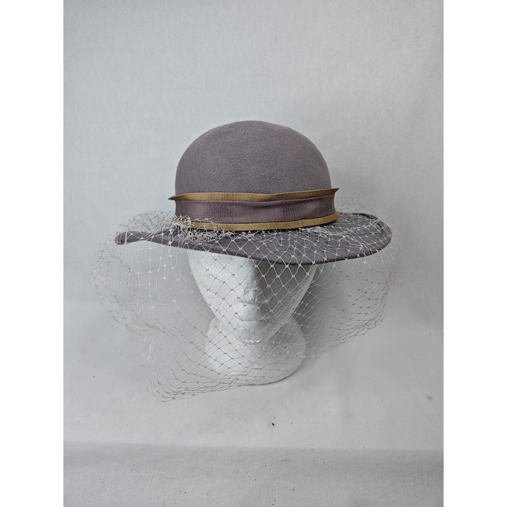 Vintage 1960s MR K Grey Wide Brim 100% Wool Women's Hat Cap With Accent